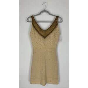 Vintage Gene Shelly Boutique International Beaded Wool V Neck Mini Dress Cream